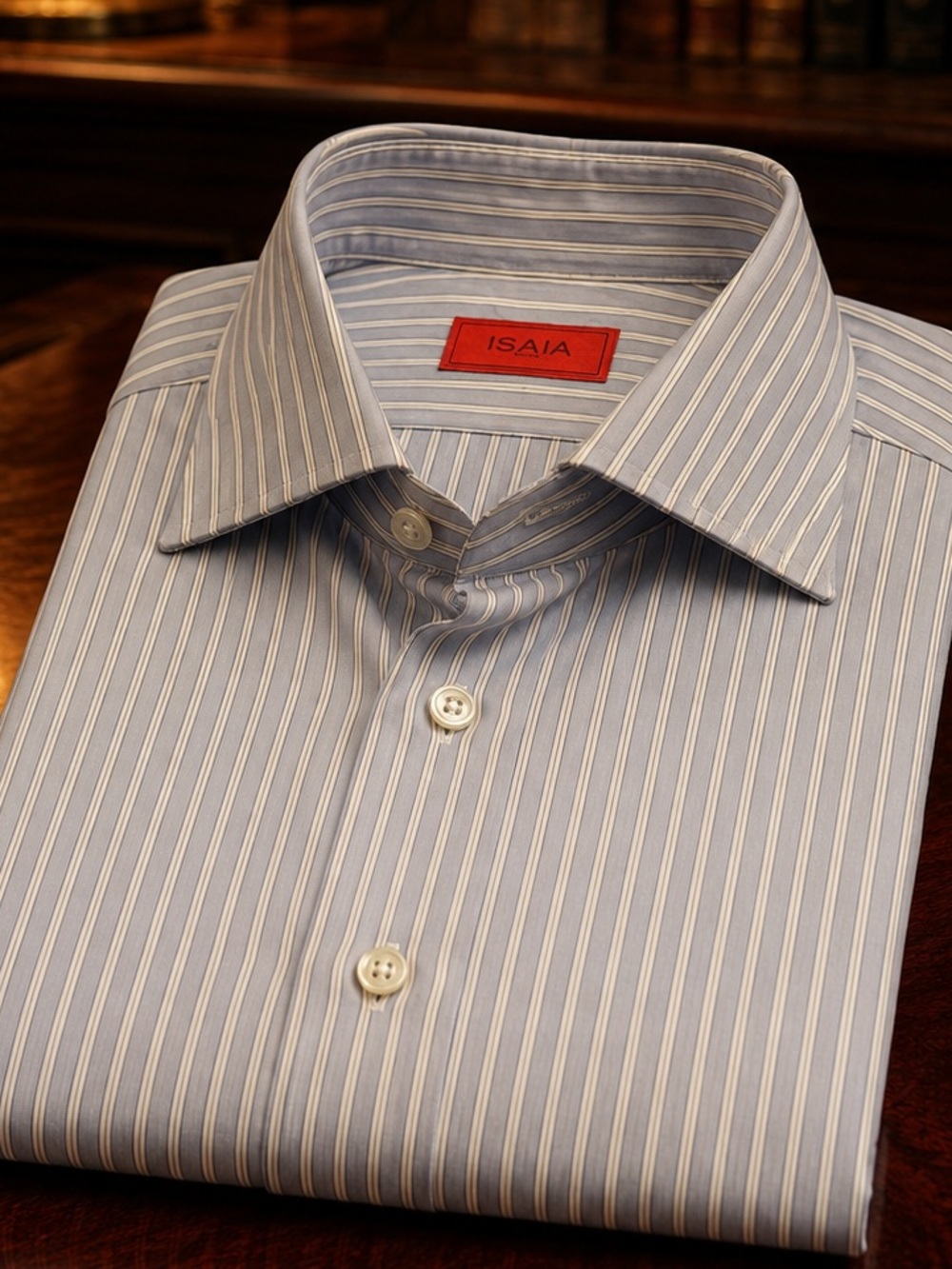 Isaia Light Blue and White Stripe Dress Shirt